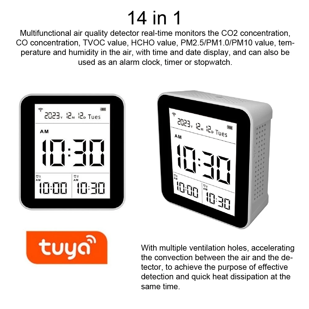 14 in 1 Tuya WiFi Air Quality Monitor Indoor CO2 Detector CO2/CO/TVOC/HCHO/PM2.5/PM1.0/PM10/Temperature/Humidity APP Control