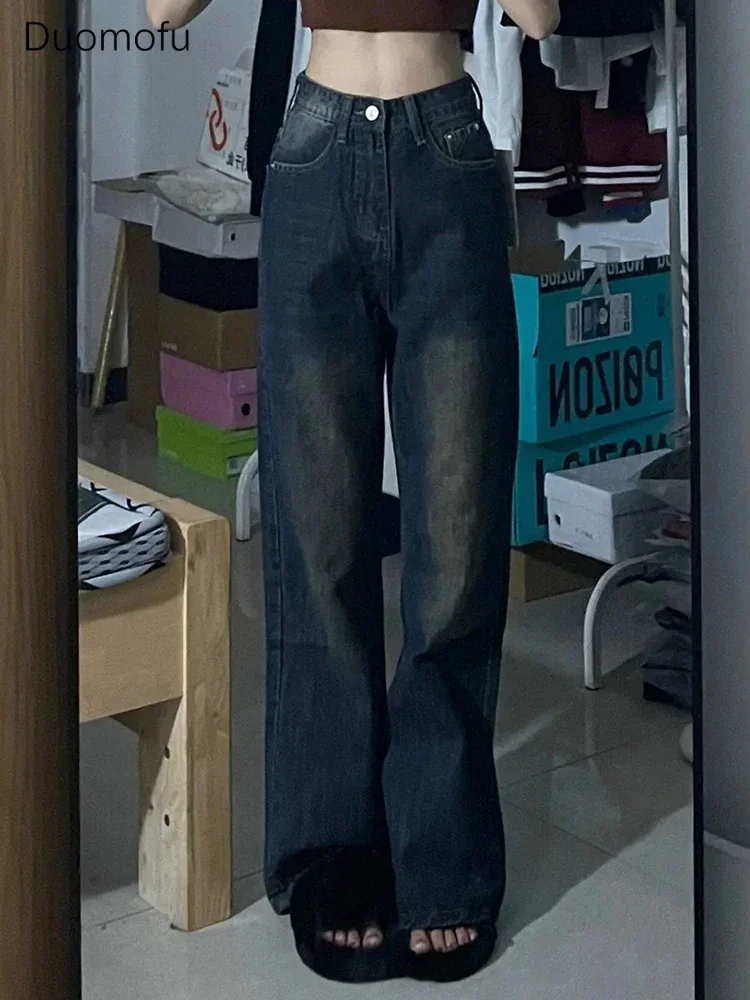 Duomofu Retro Blue Washed Distressed Loose Female Flare Jeans Summer New Vintage Basic High Waist Full Length Casual Women Jeans