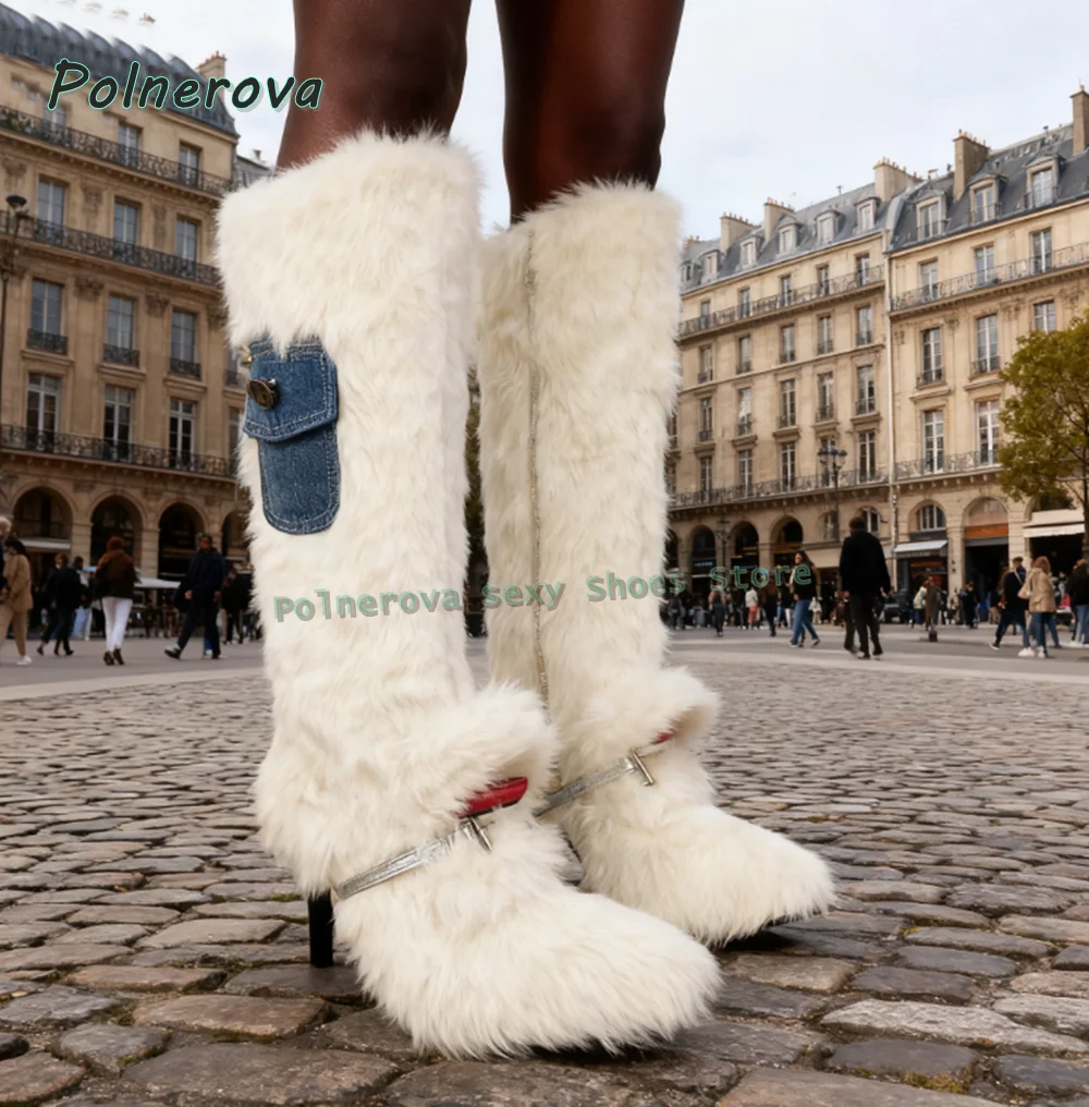 White Fur Pocket Fashion Boots Pointed Toed Stiletto Patchwork Women Snow Knee High Boots 2025 Street Style New Arrivals Winter