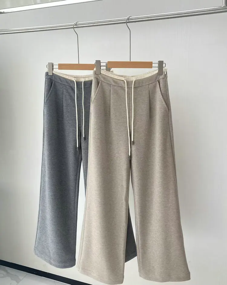 

Autumn Winter B*C Women Wide Leg Pants Contrast Color Drawstring Elastic Waist Straight Casual Female Long Trousers