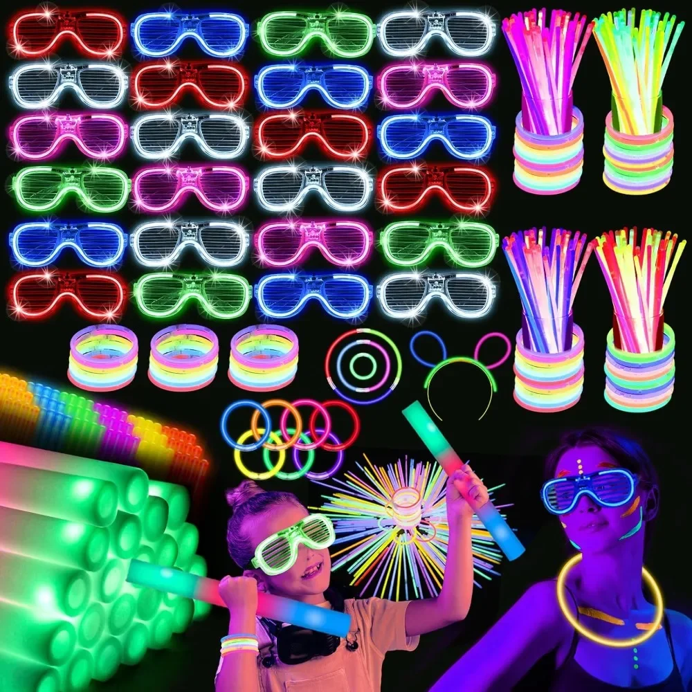 248 Glow Party Supplies, 24 Foam Glow Sticks, 24 LED Glasses and 200 Glow Stick Bracelets, Neon Party,Raves and Birthday