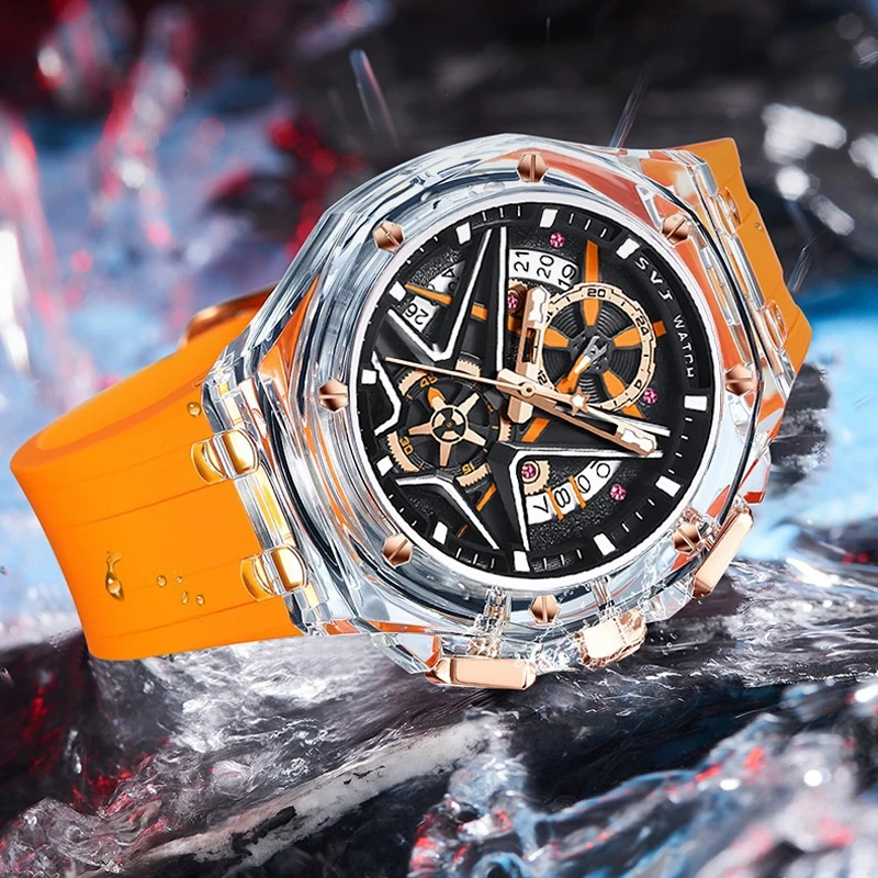 ساعة كوارتز رجالية فاخرة الراقية حزام مطاطي مقاوم للماء ساعات مضيئة رجالي الرياضة التقويم ساعة اليد الذكور Montre أوم