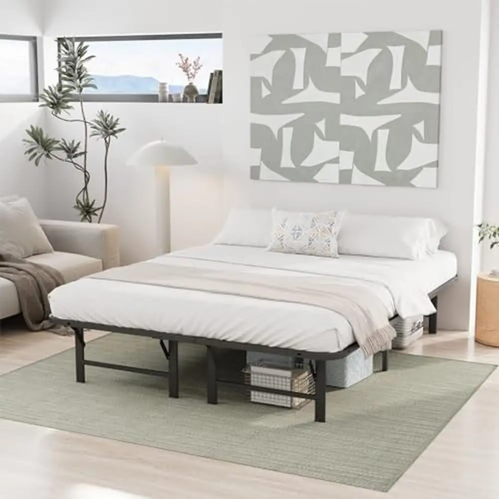 Opvouwbaar Queen Bed Frame Zwart Metaal 16 Inch Hoog Geen Boxspring Nodig Eenvoudige Montage Stevige Stalen Onderbedopslag Geluidsvrij