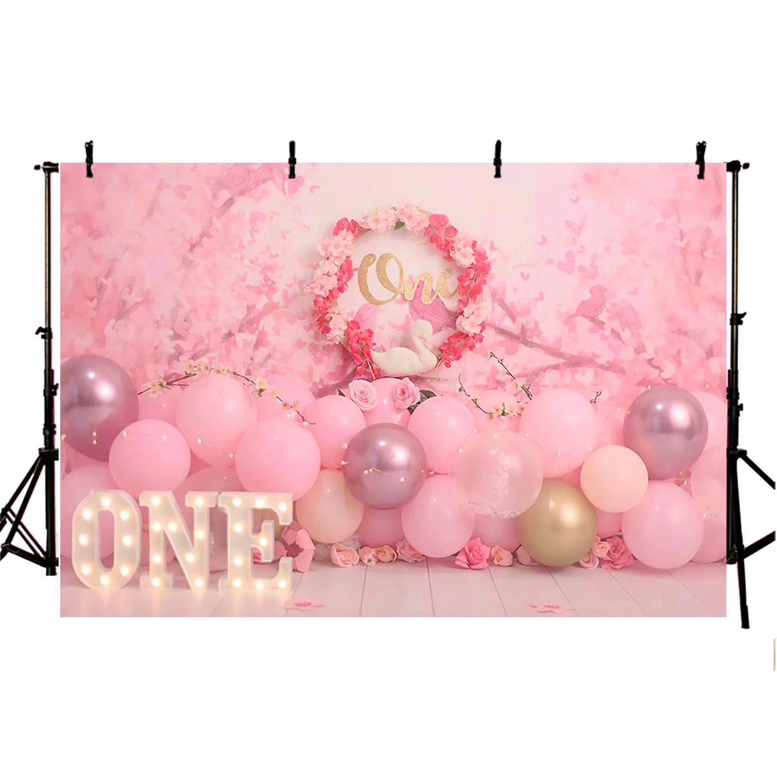 1 Year Girl Birthday Photography Background Pink Wreath Balloon Backdrop Party Decoration Supplies Kids Photoshoot Poster Prop