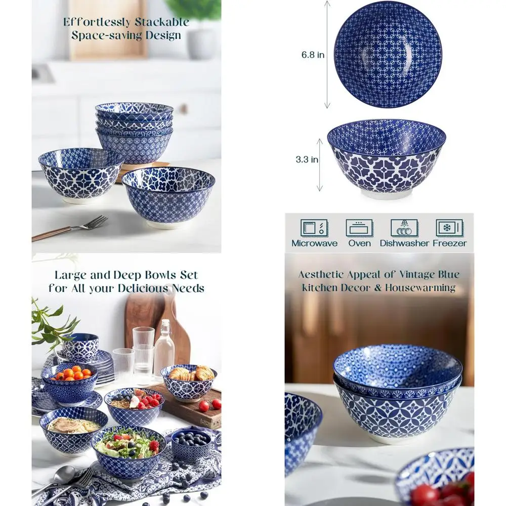 

Set of 6 Vintage Blue Ceramic Deep Bowls - 33 oz Large for Ramen, Pasta, Salad - Dishwasher and Microwave Safe, Ideal for Kitche