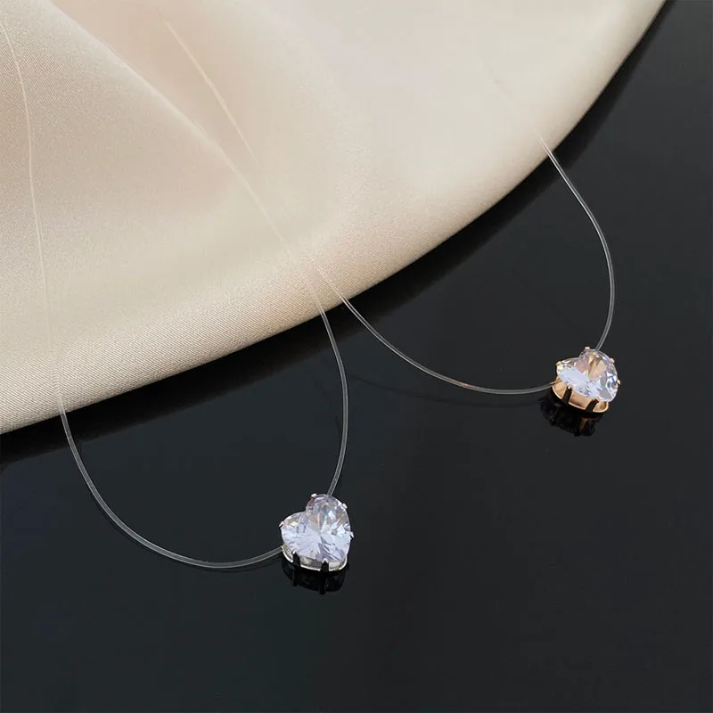 SOHOT Transparent Invisible Fish Line Zircon Heart Pendant Necklace for Women Fashion Jewelry Wearable for Gathering Date Party