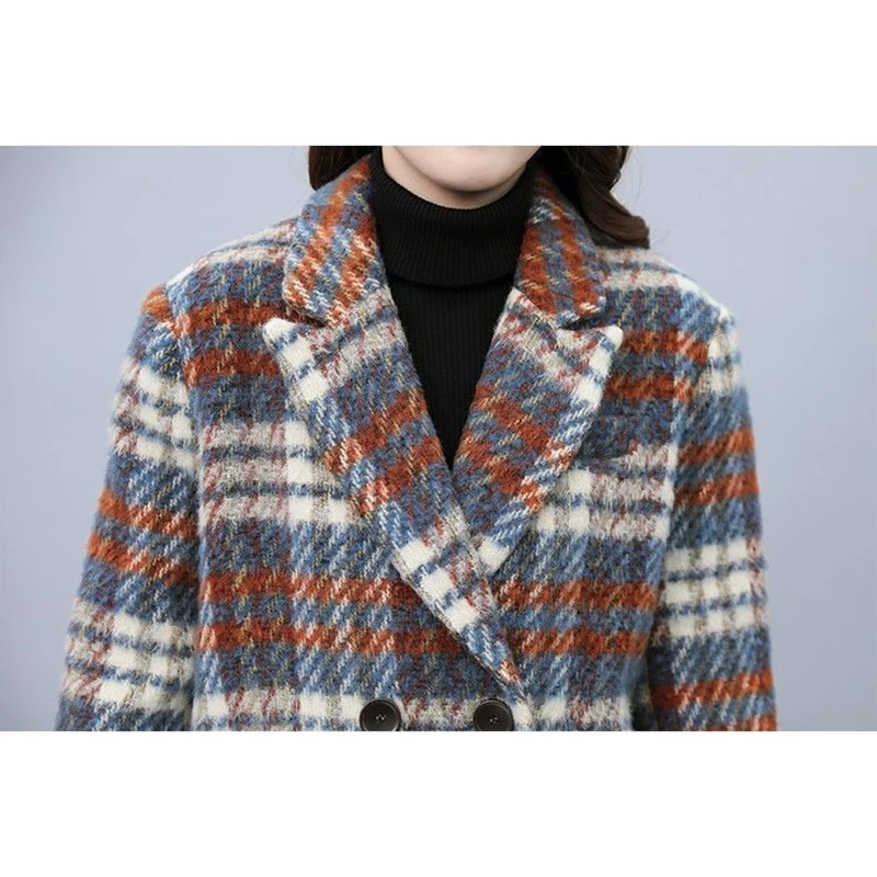 2025 New Autumn Winter Plaid Woolen Blazer Jacket Women's Overcoat Korean Loose Thickened Blazer Woolen Coat Female Outwear