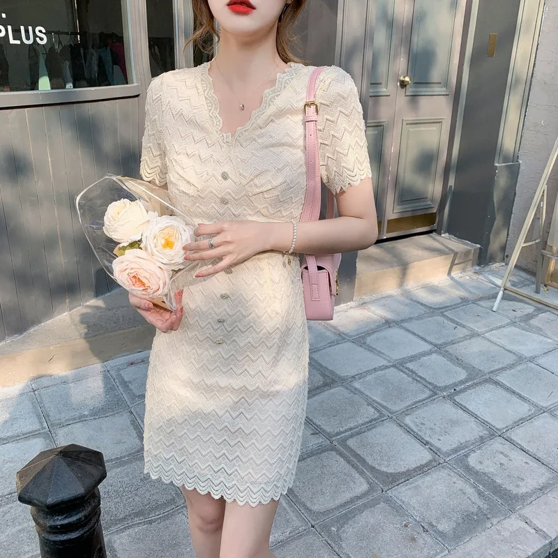 French Romantic Lace Short sleeved Dress with Wave Edge Design for Women's Summer Heavy Industry V-neck Luxury Elegance Dresses