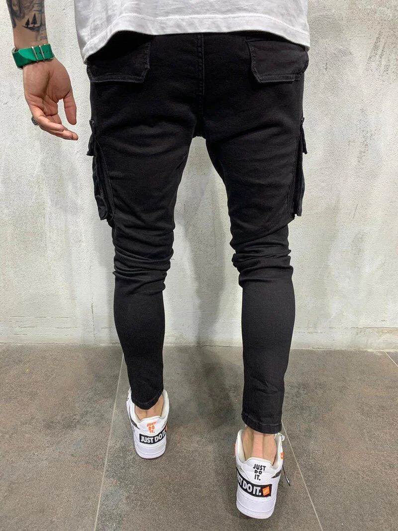 Men's Casual Black Pencil Jeans Four-season Pants Male Cool Multi-pockets Simple Solid Color Cotton Denim Trousers Streetwear 22