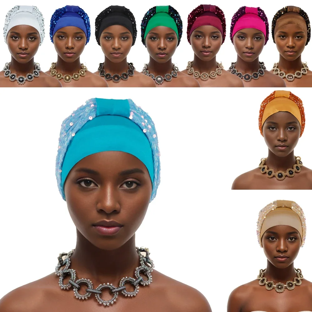 Turbante de lentejuelas para Mujer, Turbante de estilo africano, gorros musulmanes, sombreros de Nigeria, Turbante, novedad de 2024