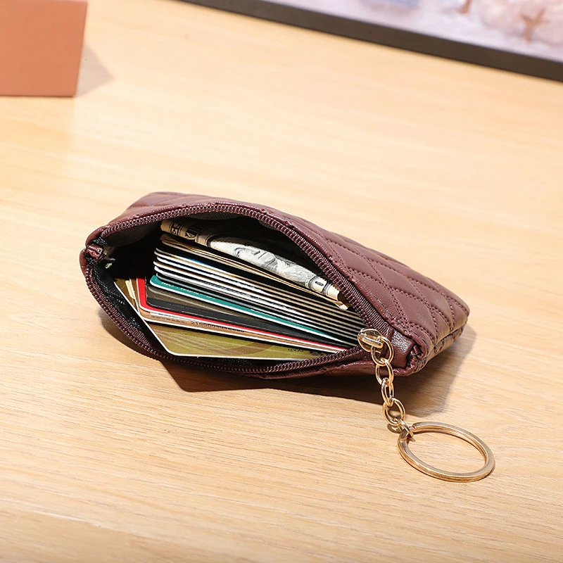 1Pc Women PU Leather Zip Coin Wallet Key Chain Fashion Small Purse Diamond Pattern Short Change Pouch Coin Purse Card Holder