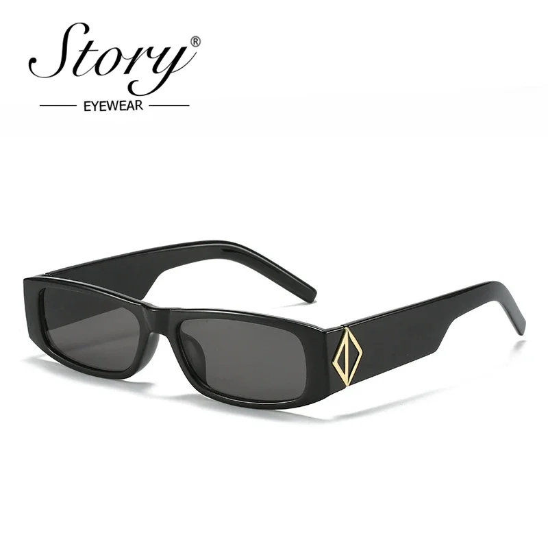 STORY Vintage Rectangle Sunglasses Women Men 2022 Brand Design Retro Leopard Yellow Narrow Frame Sun Glasses Shade Female S2326M