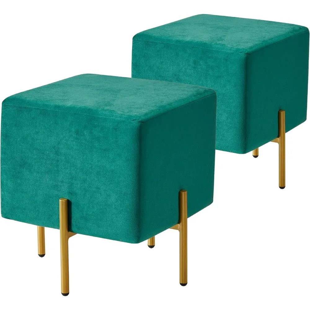 Ottoman Velvet Stool Set of 2, Modern Emerald Green Vanity Stool Square, Foot Stool, Upholstered Foot Rest Ottoman Cube