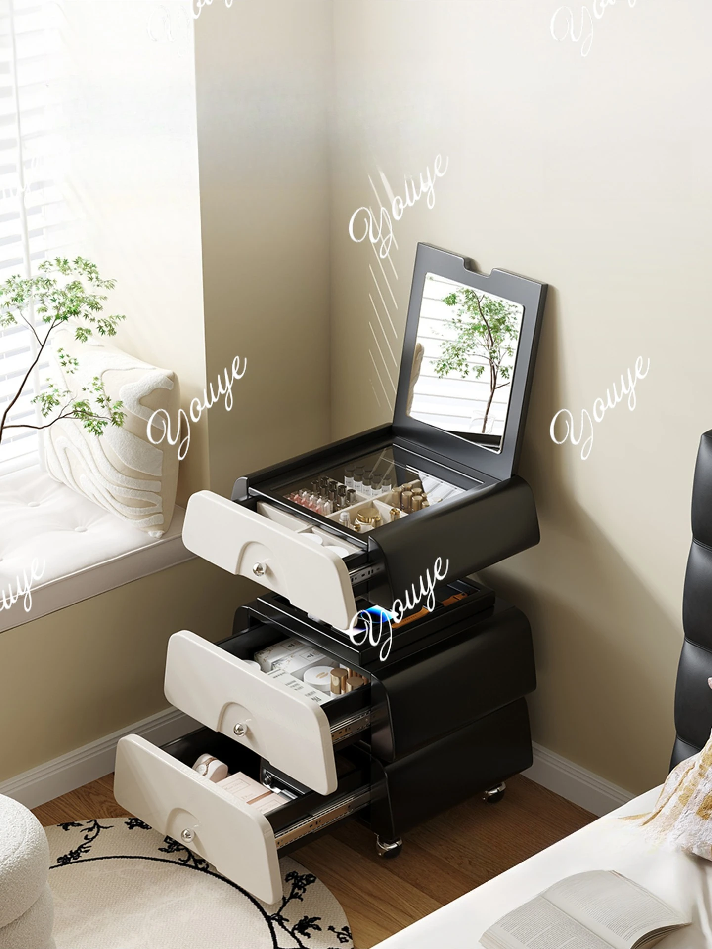 

Peacock dresser bedside table integrated liftable movable flip cover cosmetic table storage cabinet integrated designer model