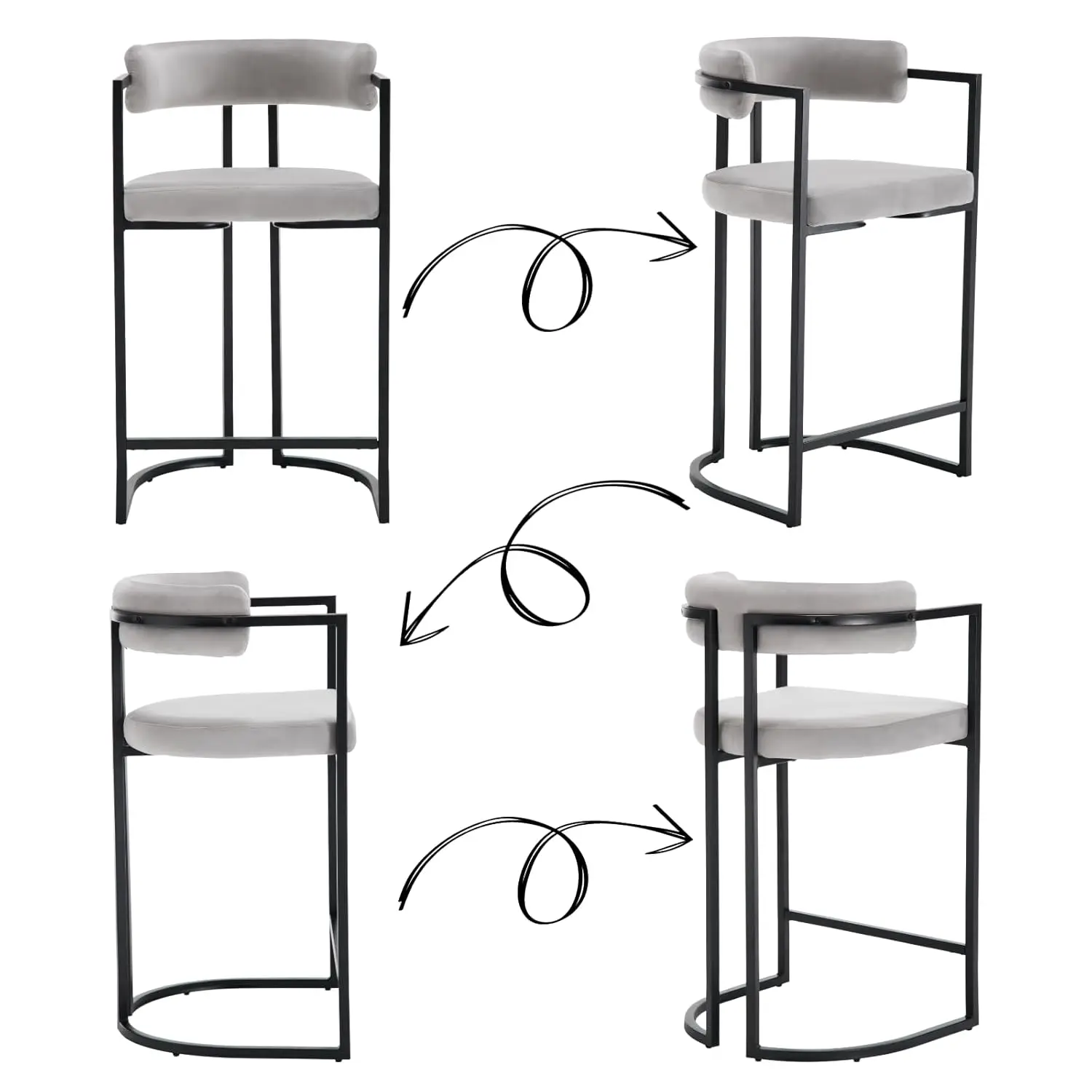 26" Velvet Counter Stools With Back & Metal Legs For Kitchen Island, Set Of 2, Grey, Customized