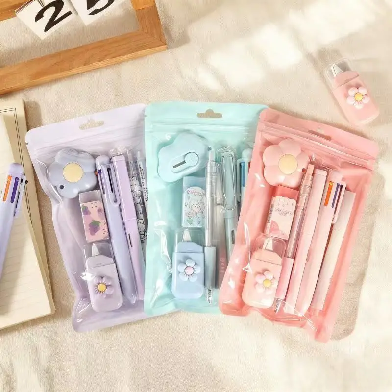 Kawaii Pastel 7PCS Stationery Kit Multi‑Color Pens Correction Tape Eraser Cutter Highlighter Back to School Gift for Girls
