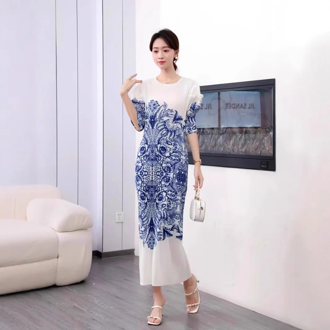 

Miyake Pleated Versatile A-line Dress 2025 Spring and Fall New Celadon Print Short-sleeved Elegant Age Reduction Dresses