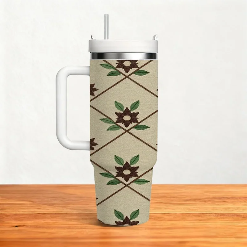 40oz Vintage Diamond Lattice Brown Floral Green Leaf Print Insulated Stainless Steel Travel Tumbler With White Handle Straw Lid Large Thermal Water Cup For Daily Use