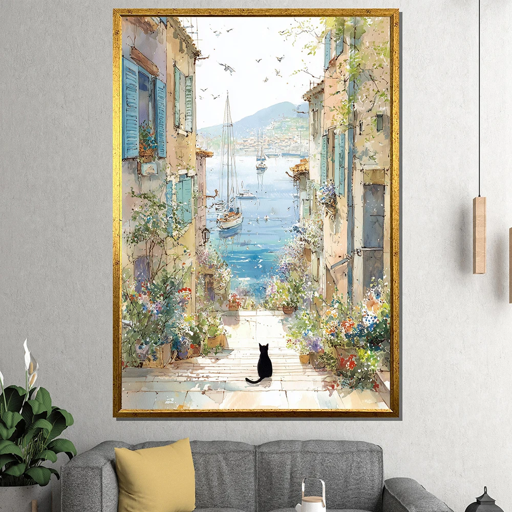 Coastal Alley Cat Wall Art - Mediterranean Seaside Canvas Print - Romantic Floral Village View - Whimsical Summer Decor, No Fram