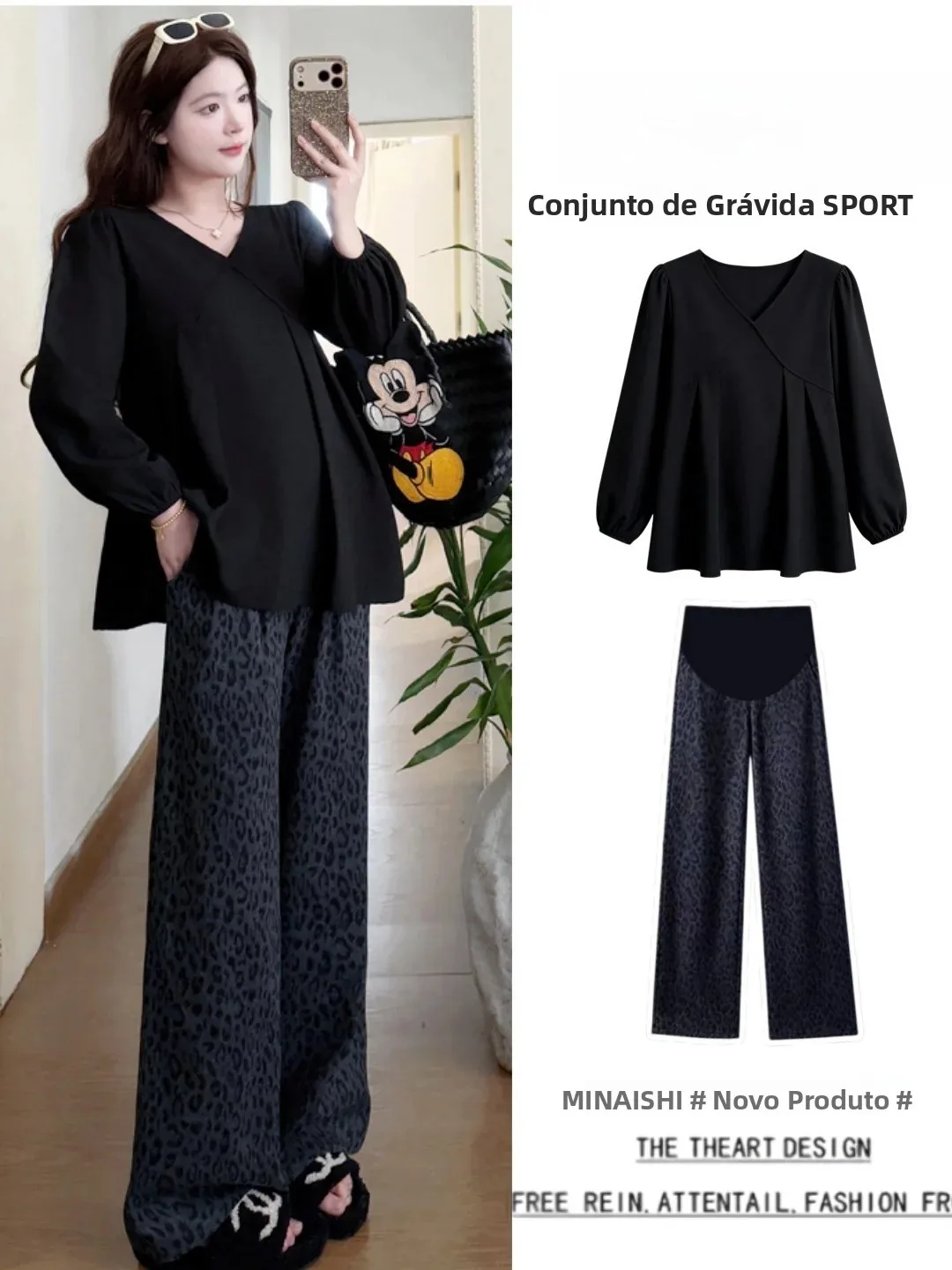 fashionable-loose-black-v-neck-top-maternity-set-autumn-collection-comfortable-belly-support-pants-two-piece-korean-style