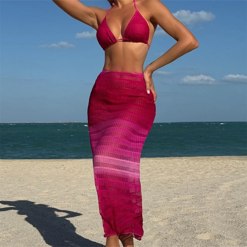 Sexy Gradient Bikini Y2K Swimsuit Women Backless Vacation Swimwears Midi Skirt Beach Summer Outfit Bathing Suit Bikinis De Mujer