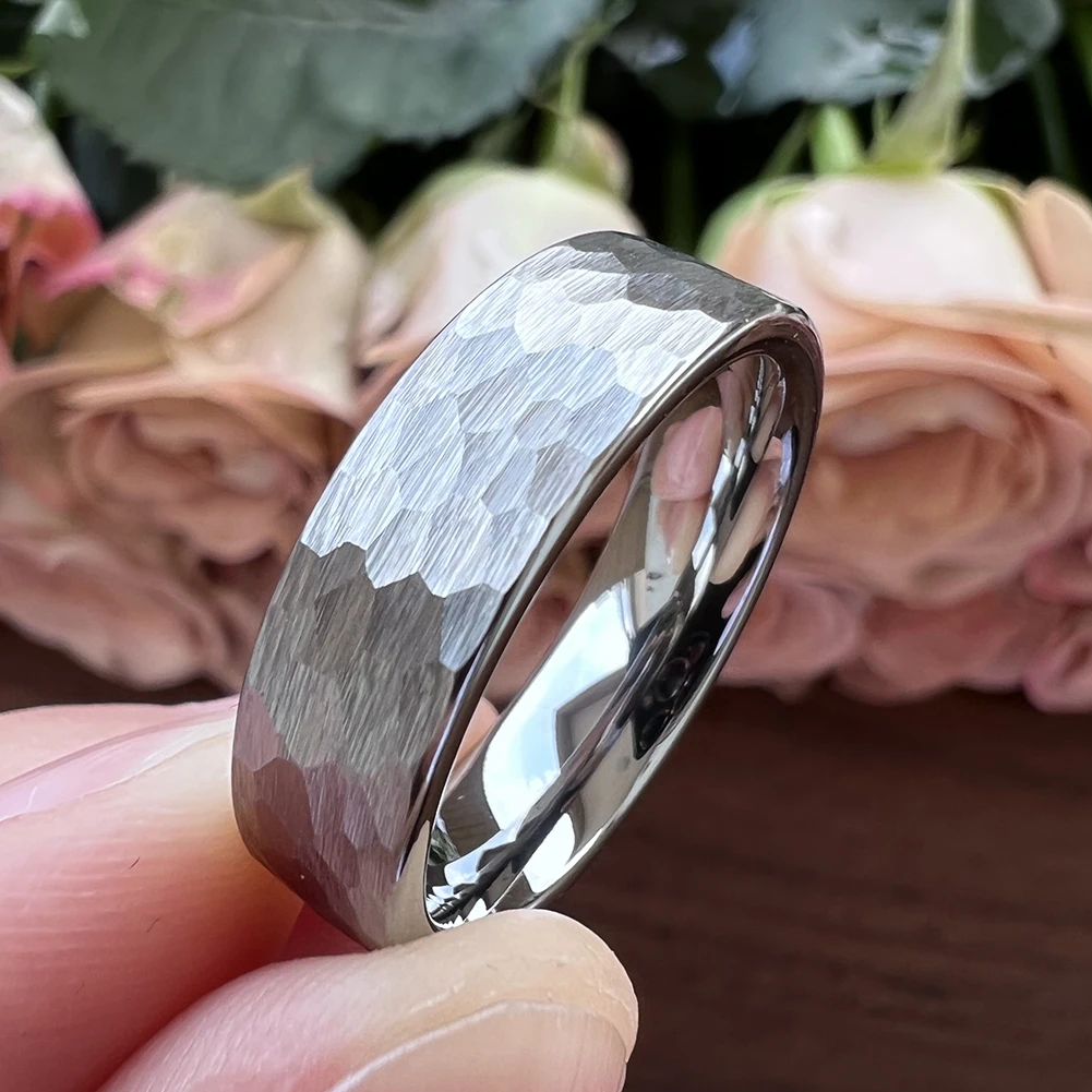 6mm Wolfram karbid ring vielfältig gehämmert für Männer Frauen Verlobung Ehering gebürstet fertig Komfort Passform – Detail 8
