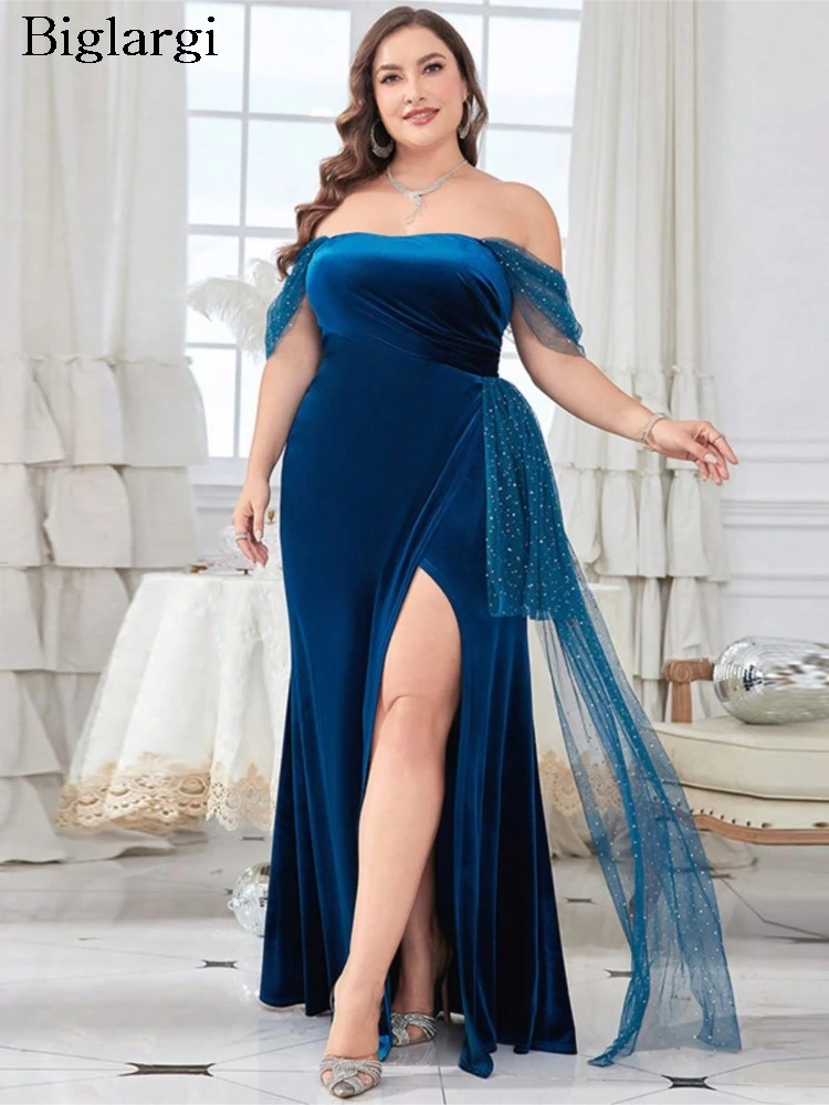 

Plus Size Spring Off Shoulder Dress Women Bling Mesh Patchwork Fashion Split Elegant Ladies Dresses Backless Sexy Woman Dress