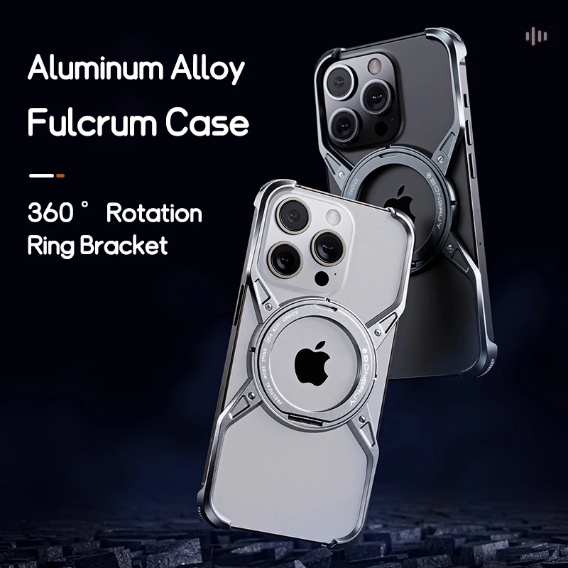 Metal Aluminium Alloy Magnetic Frameless Phone Case For iPhone 14 13 15 Pro Max 360° Stand Rimless Bumper Shockproof Metal Cover