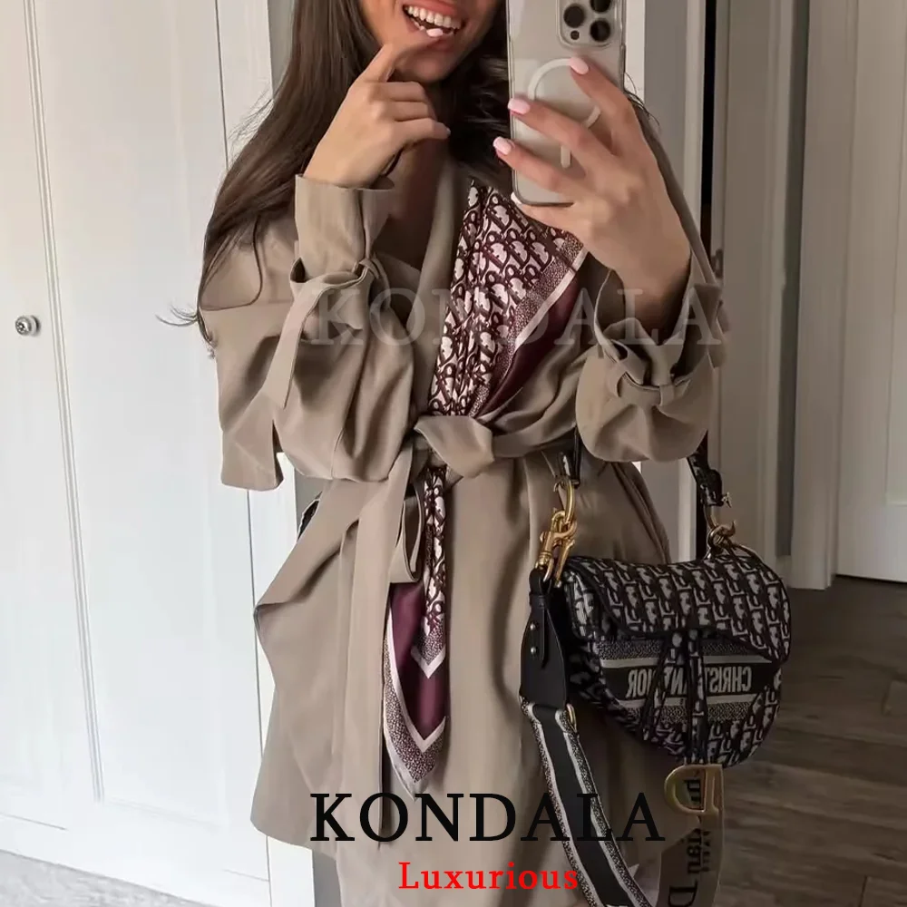 

Пальто-тренч KONDALA для женщин, повседневное, укороченное, с V-образным вырезом, с поясом, с длинными рукавами, модное, весна-лето 2026, для вечерних выходов