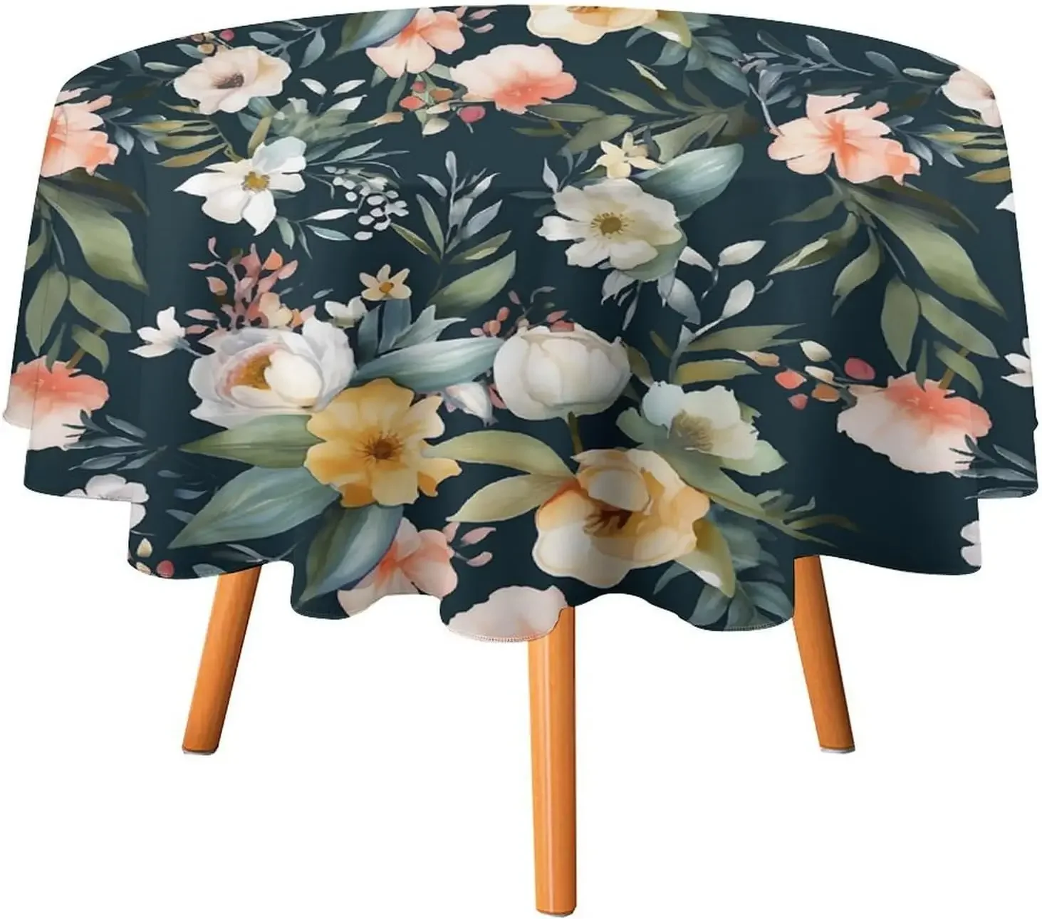 Vintage Wildflower Black Floral Boho Circle Tablecloth - Retro Watercolor Colorful Leaves Garden Waterproof Cover