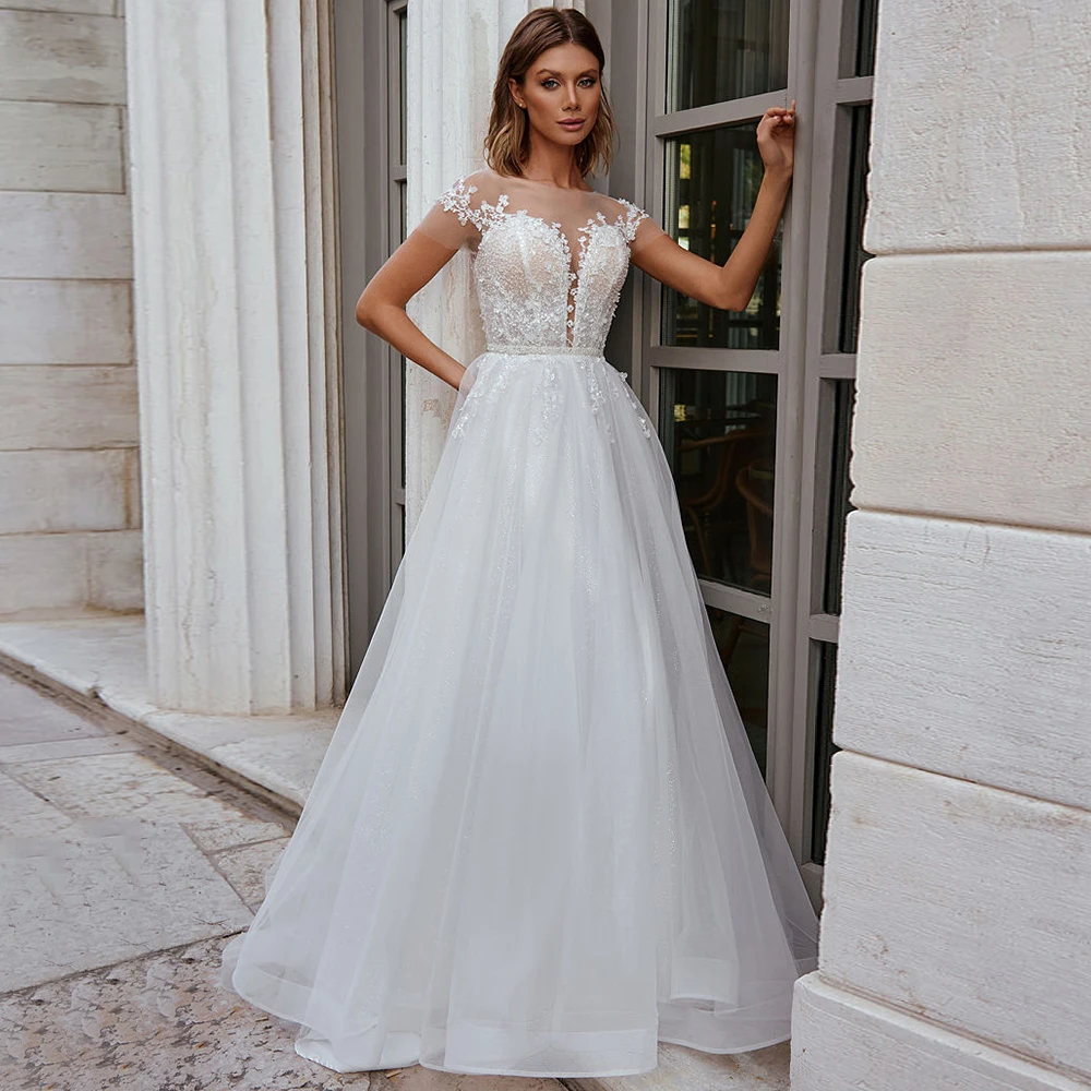 Weilinsha Modern A-Line Short Sleeves Ladies Wedding Dress Elegant O-Neck Corset Appliques Tulle Button Back Bridal Gowns