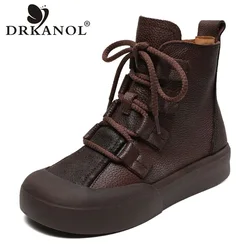 DRKANOL 2024 Women Boots Autumn Winter Genuine Leather Flat Ankle Boots For Women Handmade Retro Soft Comfort Casual Short Boots