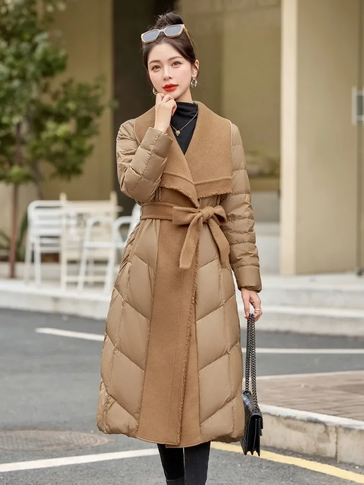 Femmes 2025 nouveau hiver haut Long vêtements épaissi chaud blanc canard vers le bas manteau Patchwork laine gland doudoune femme