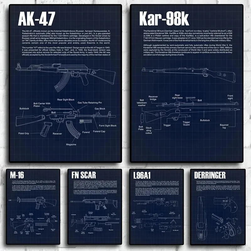 Gun Blueprint Modern Design Simplicity Art  Quality Canvas Painting Poster for Home Wall Decoration  Perfect for Bedroom Living