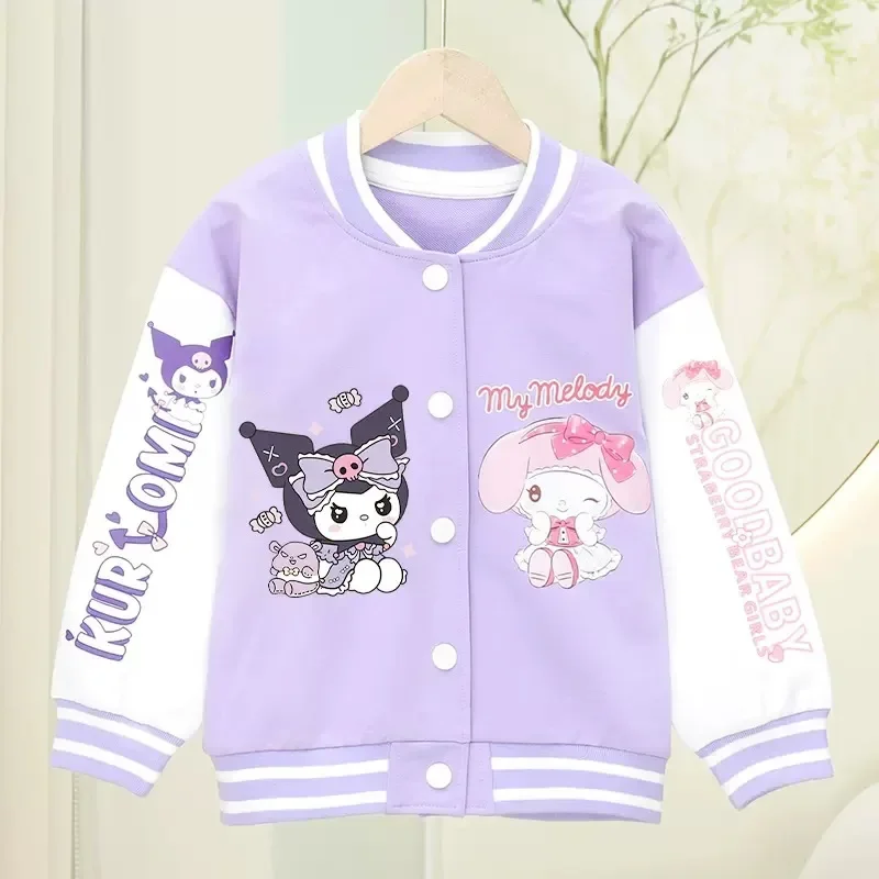 Casaco de Manga Comprida Kawaii para Crianças, My Melody Baseball Jacket, Sanrio Vestuário Presentes, Anime Kuromi Fashion, Bonito, Doce, Primavera, Outono