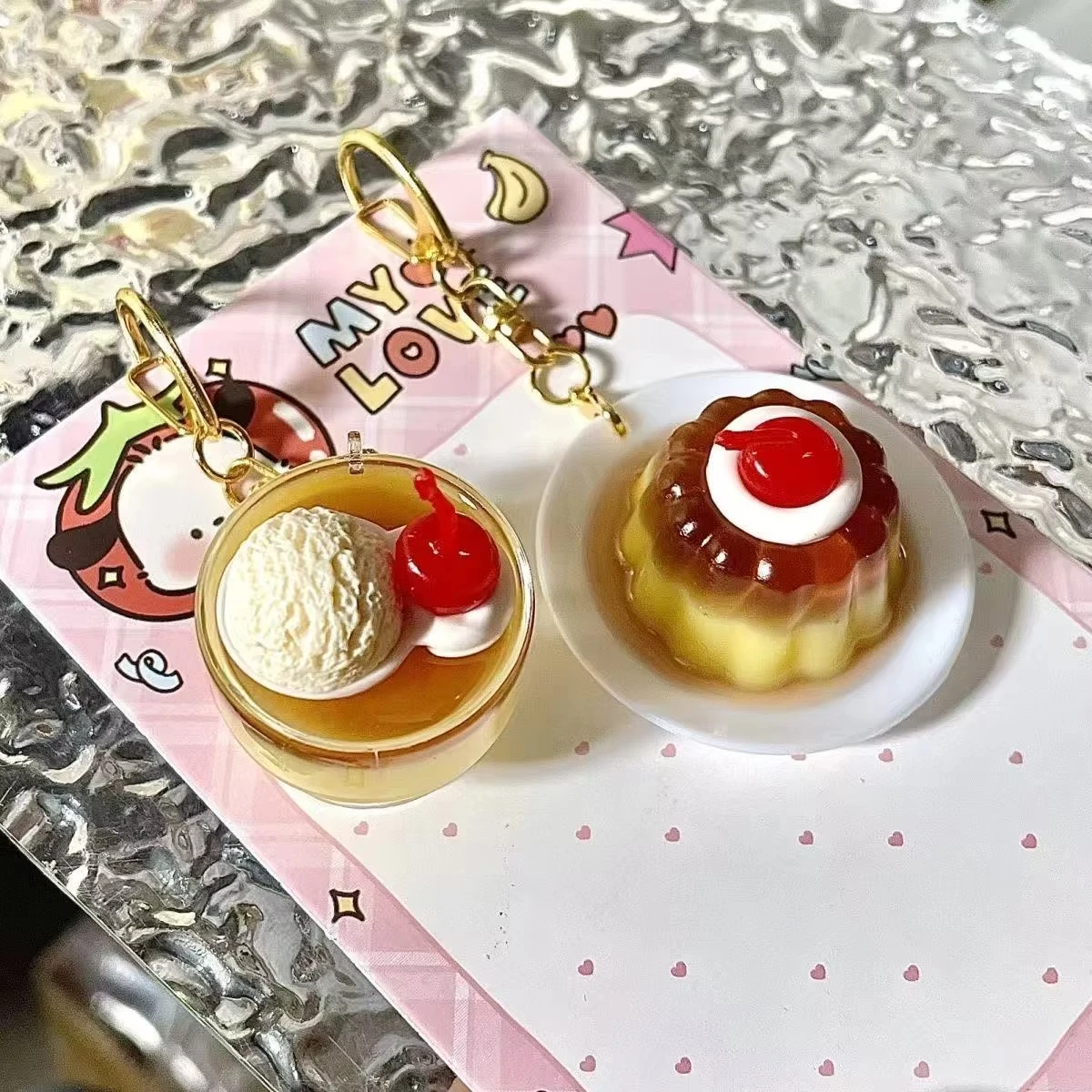 بودنغ وجبة خفيفة المفاتيح المشروبات الباردة للنساء حقيبة صغيرة بودنغ قلادة اكسسوارات الكرز بودنغ لطيف الكراميل مفتاح سلسلة ديكور #4