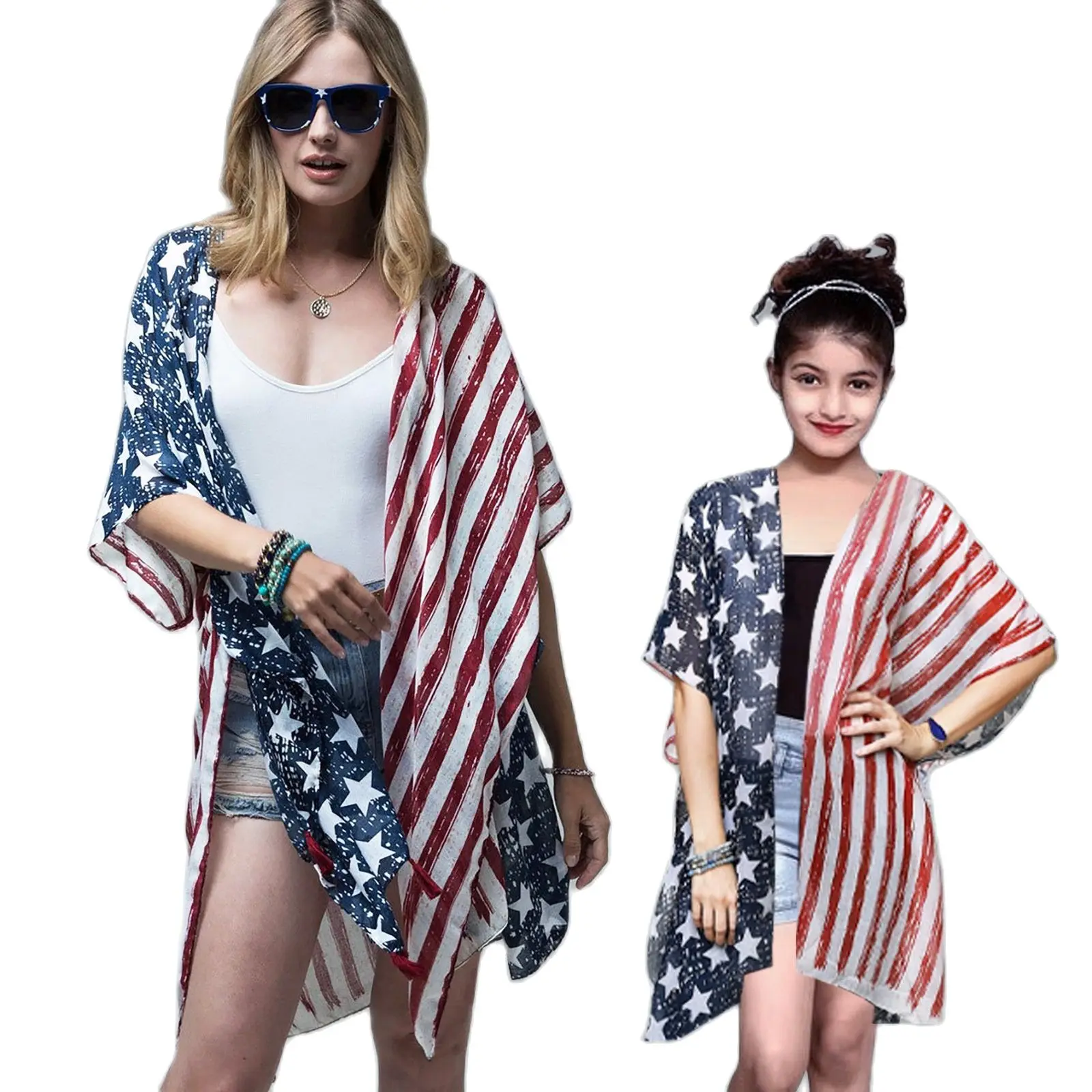 

Family Matching Clothes Baby Girl Shirt Cloak Coat Mother and Daughter Outfits Beach Overall American Independence Day Flag