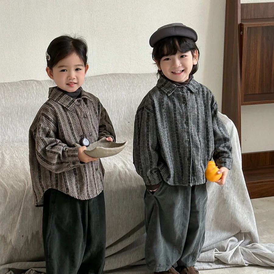 Autumn New Kids Clothes 1-7Y Vintage Style Boys Vertical Stripes Shirts Girls Baby Cotton Lapel Long Sleeve Shirt Coat