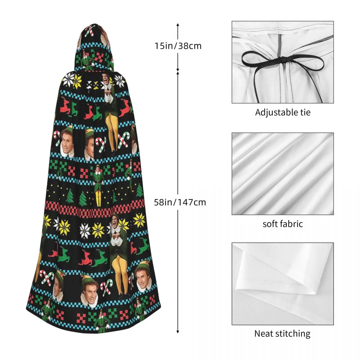 Buddy The Elf Ugly Christmas Sweater Design Long Hooded Cloak Witch Medieval Costume Cosplay Cape HalloweenCoat Adult Unisex