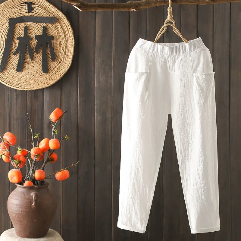 

Women Cotton Pants Summer Elastic Waist Loose Casual White Harem Pants Women's Pocket Cotton Linen Trousers