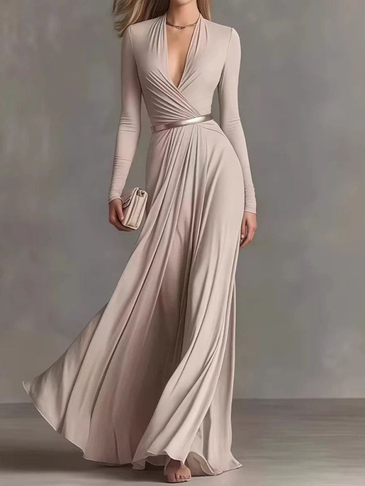Elegantes Festtagskleid für Damen mit Tiefem V-Ausschnitt, Langen Ärmeln und Patchwork-Design für Frühling und Sommer, Modische Streetwear-Partykleider, Vestido