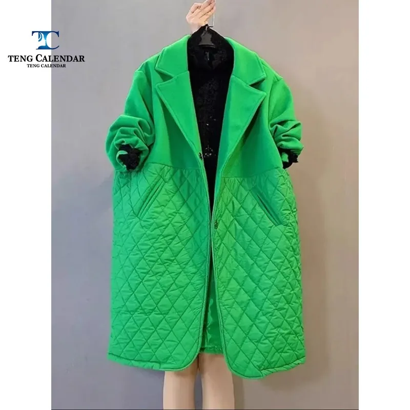 Women's Diamond Grid Silhouette Suit Collar Jacket, Medium to Long Cotton Jacket, Plus Size Patchwork, Autumn New Style