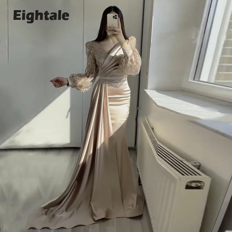 Eightale Evening Dress for Wedding Party V Neck Customized Glitter Long Puffy Sleeves Mermaid  Satin Arabic Celebrity Prom Gown