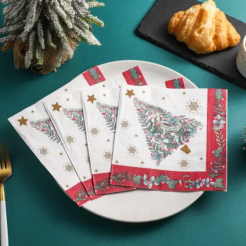 Christmas Paper Napkins Xmas Tree Holly Berry Disposable Decorative Napkins For Xmas Party Dinner Table Decor Holiday Supplies