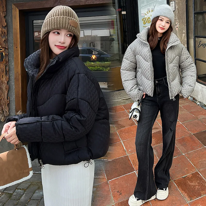 Women Short Parkas Coat Solid Jacket Pocket Zipper Drawstring Long Sleeve Stand Collar Loose Fit  Office Lady Casual 2025 Winter