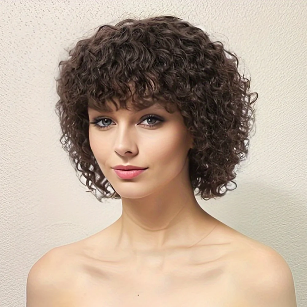 #2 Curly Pixie Cut Wigs With Bangs Machine Made Jerry Curly Human Hair Wigs For Women Brazilian Dark Brown Glueless Wigs HairUGo