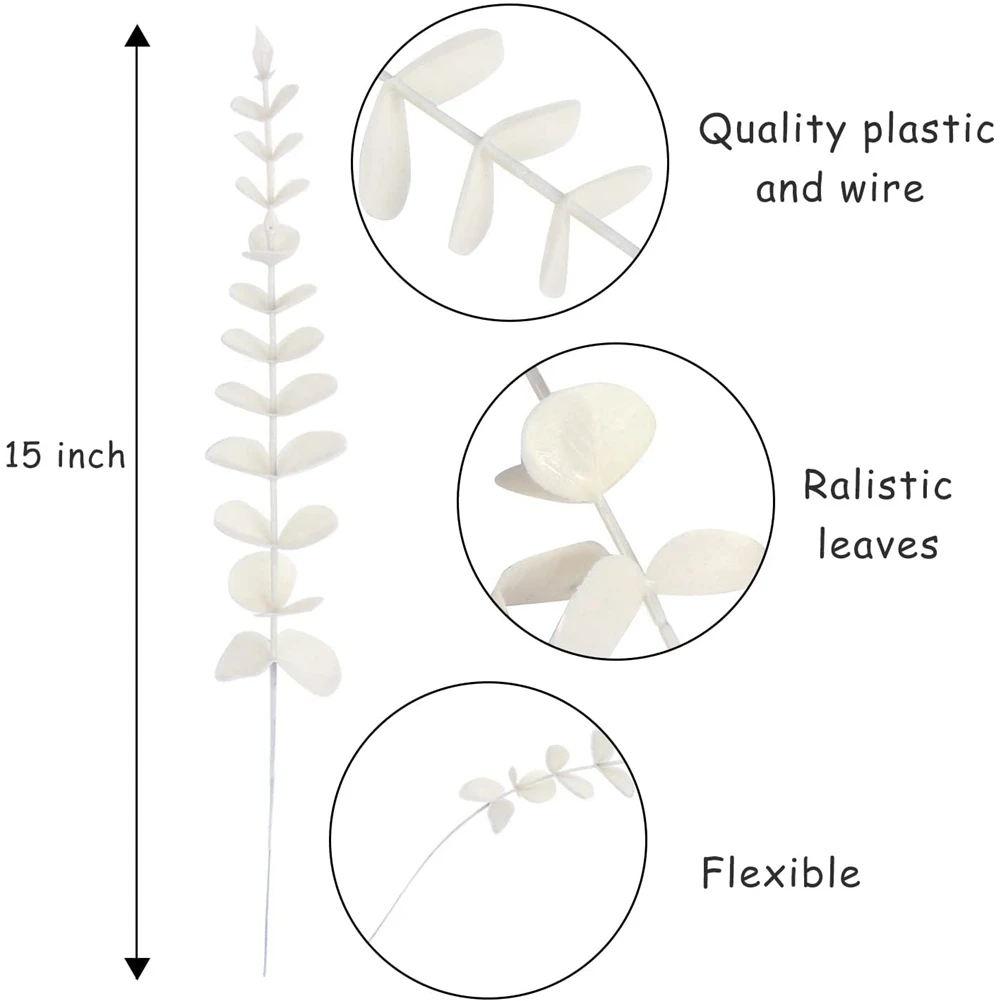 Tiges artificielles d'eucalyptus blanches, 36 feuilles de fausses branches d'eucalyptus, décor de bouquet de mariage de Gand