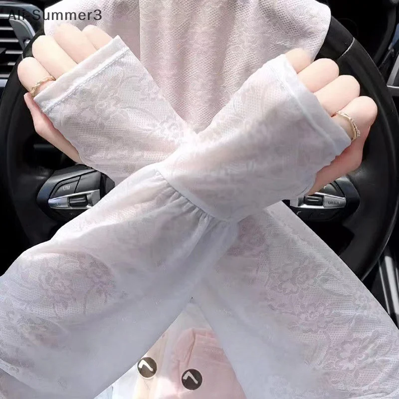 لطيف رقيقة الدانتيل الحرير الجليد الأكمام المضادة للأشعة فوق البنفسجية الشمس حماية واقية من الشمس كم الذراع يغطي طويلة الأكمام قفازات ركوب الدراجات في الهواء الطلق