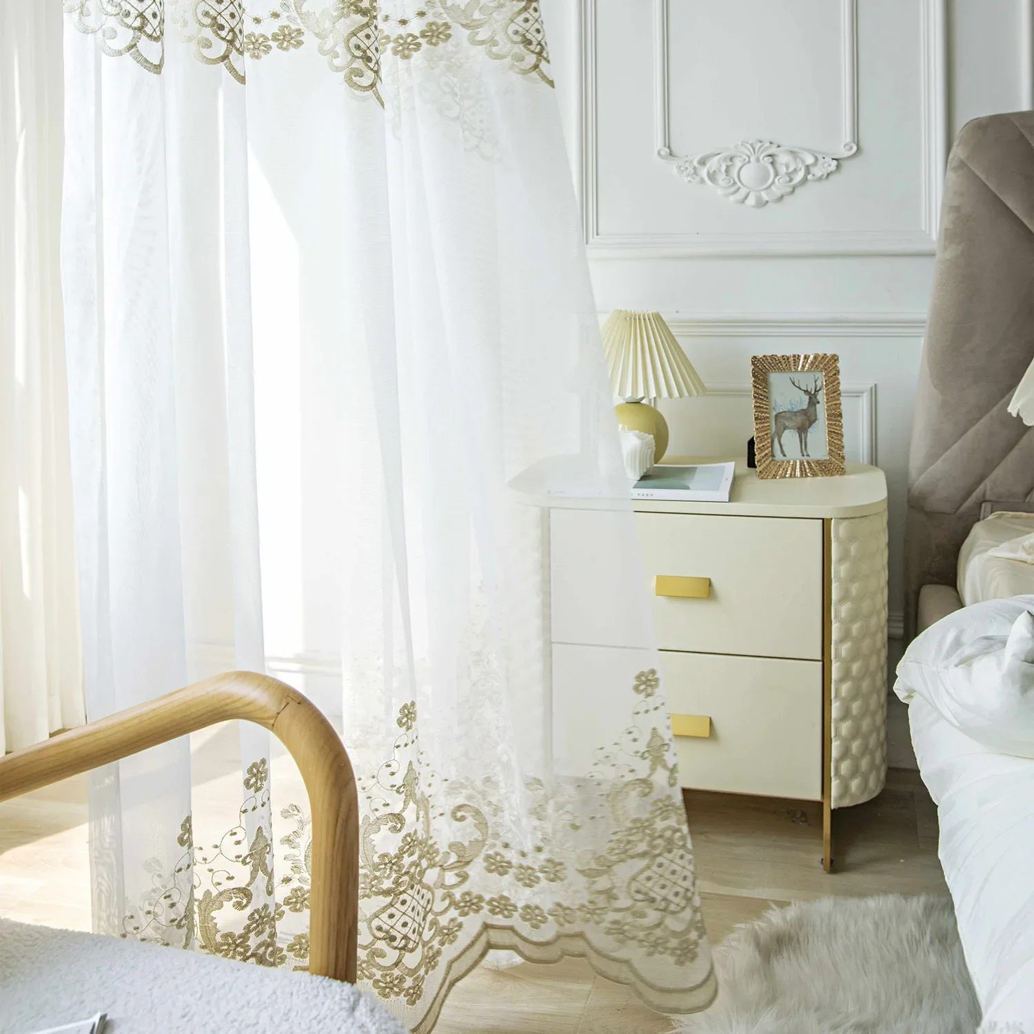 Luxury Embroidered White Gauze Light Embroidered Window Screen Translucent Partition Curtains for Living Dining Room Bedroom