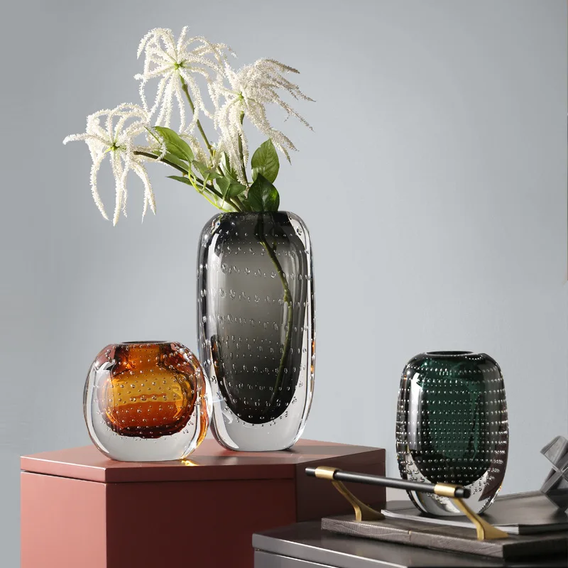Modern Minimalist Art Transparent Thick-bottomed Bubble Glass Vase Model Living Room Dining Table Decorative Flower Ornament